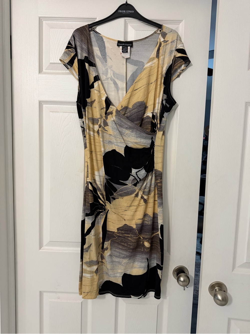 Frank Lyman Design Black and Gold Abstract Floral Midi Dress